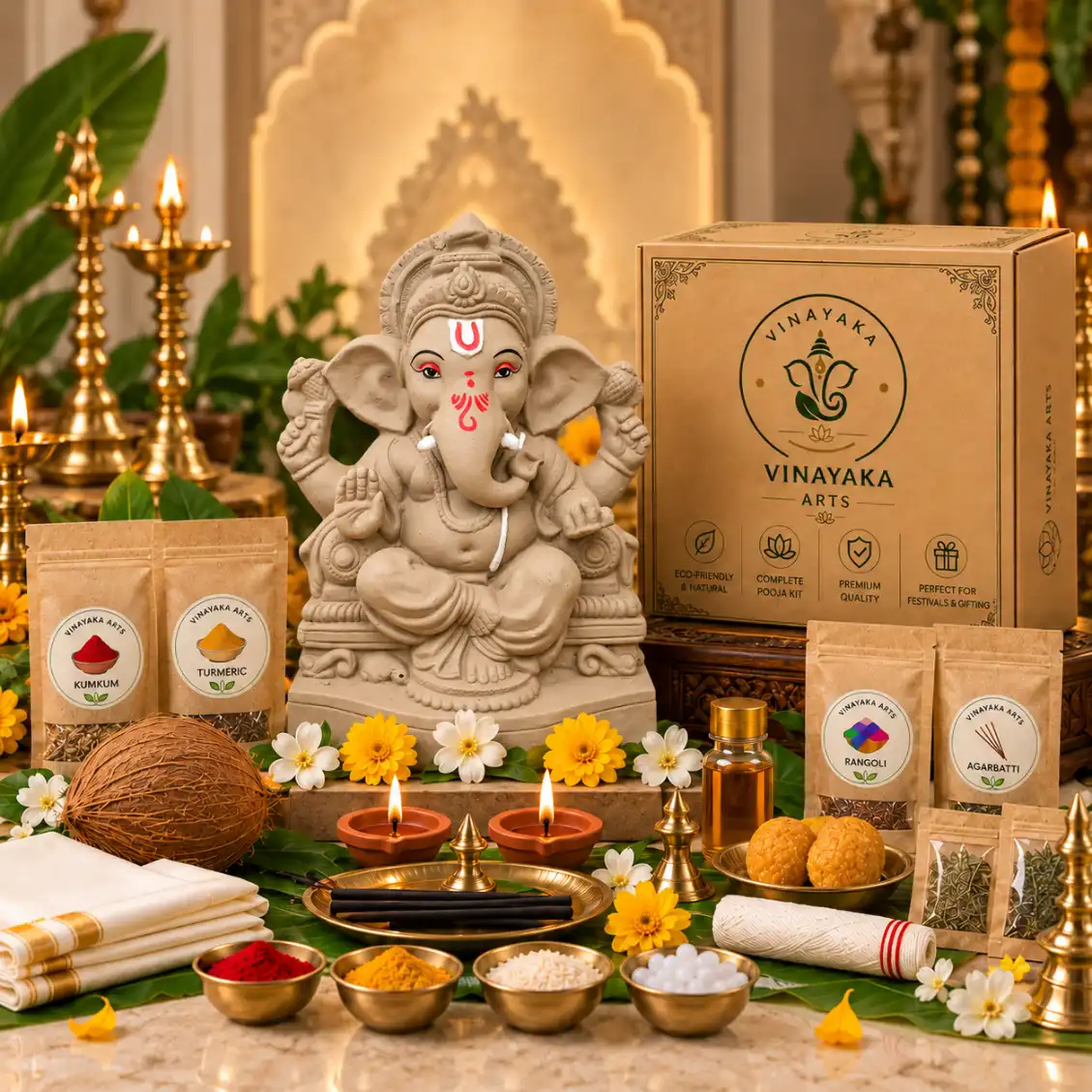 11 Eco-Friendly Ganesh Pooja Kit with Ganesh Idol – 30 Pooja Essentials & 21 Types of Patris